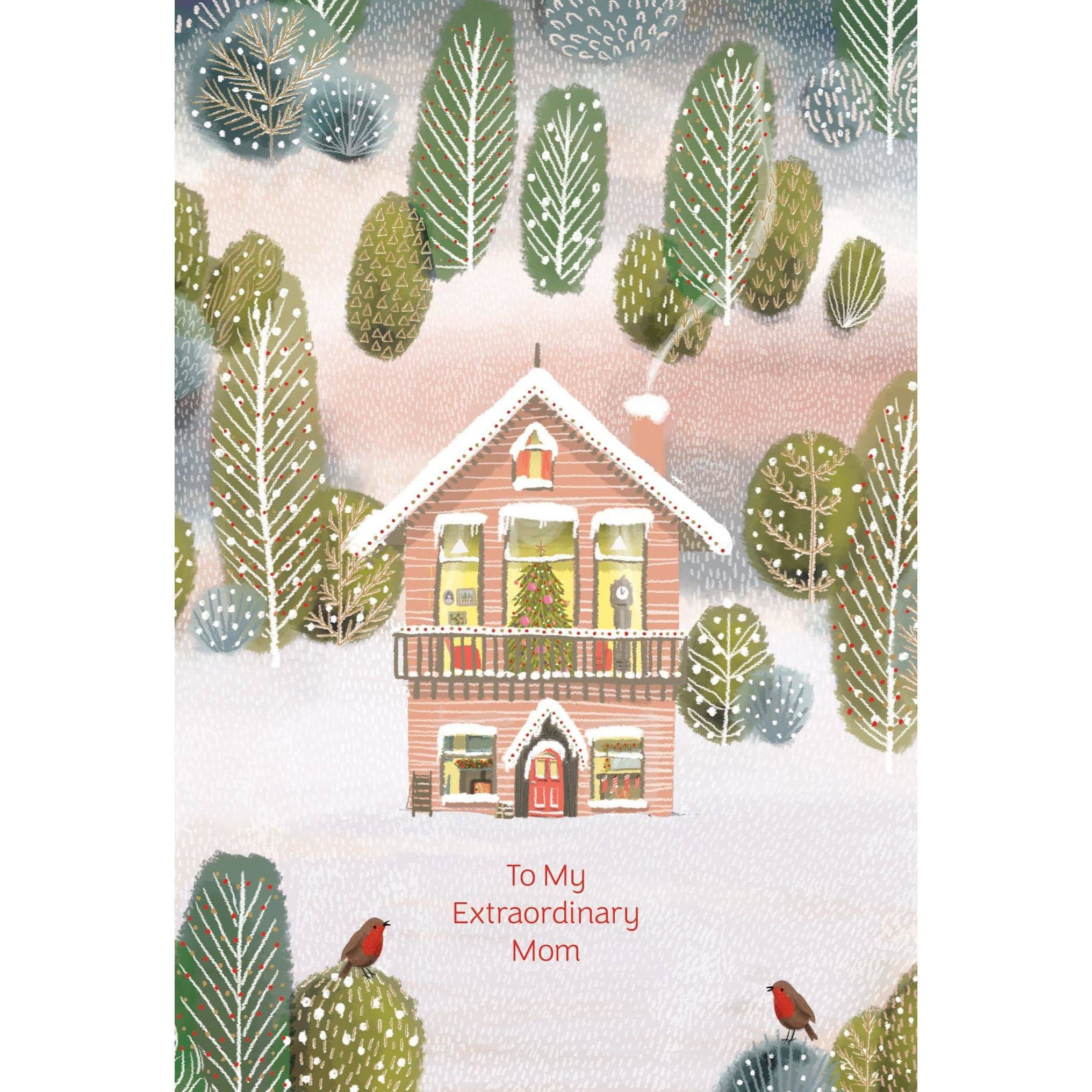 Pictura House In The Woods Christmas Card featuring a cozy winter woodland scene with a house and snow-covered trees.